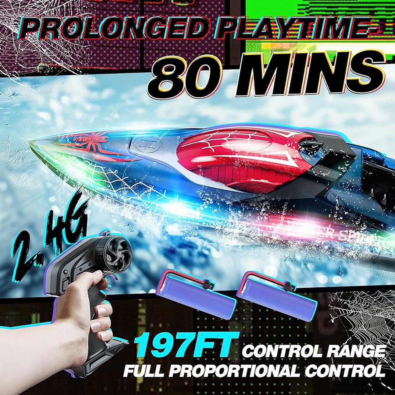 JoyStone RC Boat for Pools and Lakes, 2.4G 15+ MPH Fast Remote Control Boat with LED Lights, Racing Boats for Kids & Adults with 2 Rechargeable Battery, Gifts for Boys Girls (Red)