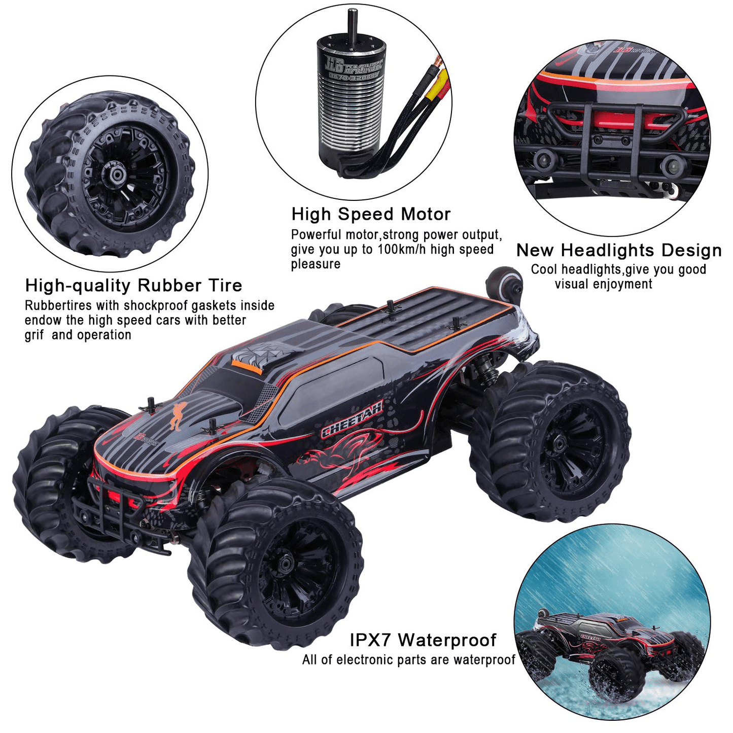 JLBRACINGRC Super Fast 1/10 Scale Cheetah RC Car, 80 KM/H 4WD 2.4GHZ RC Truck 4x4 Off Road RTR Monster Truck IPX7 Waterproof RTR Brushless Electric Remote Control Truck for Adults