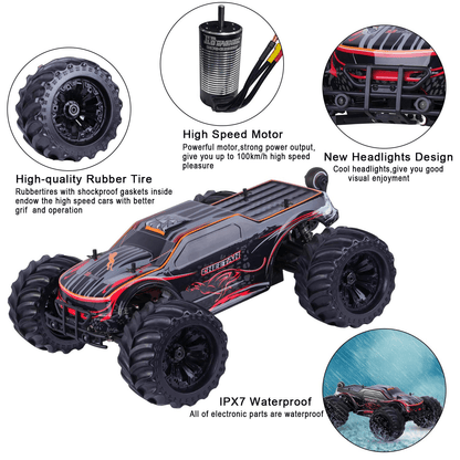 JLBRACINGRC Super Fast 1/10 Scale Cheetah RC Car, 80 KM/H 4WD 2.4GHZ RC Truck 4x4 Off Road RTR Monster Truck IPX7 Waterproof RTR Brushless Electric Remote Control Truck for Adults