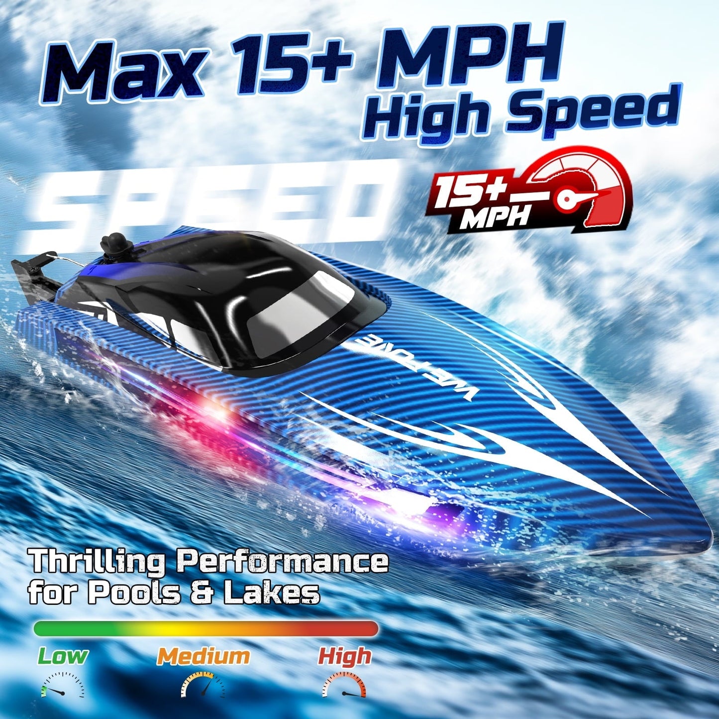 Remote Control Boat for Adults and Kids, WeFone WF17 RC Speed Boat, Summer Toys, 2 Batteries, Blue