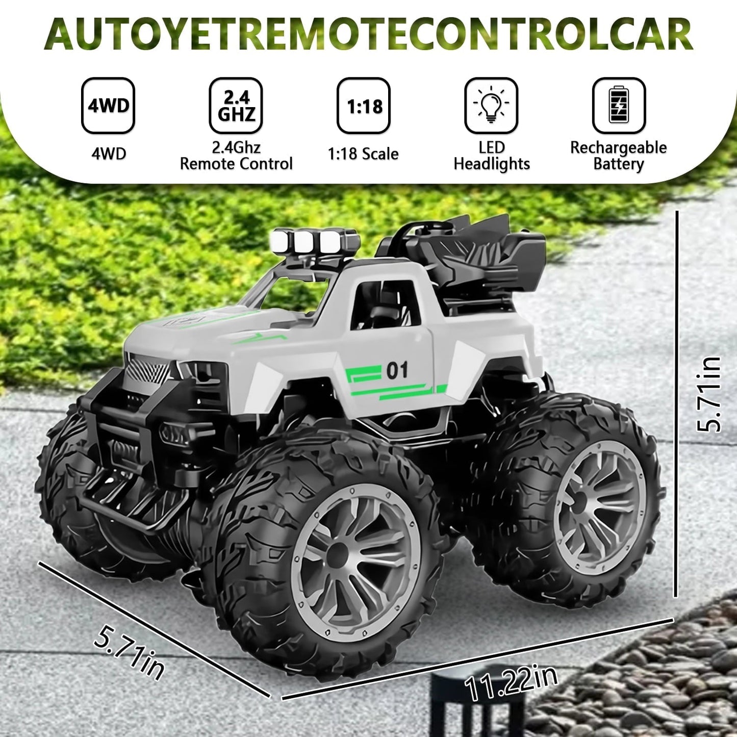 HNH Remote Control Car, 1:18 All Terrain RC Cars, 15Km/h with LedLight and Two Rechargeable Batteries, Off Road Racing Car Toys for Kids, Silver