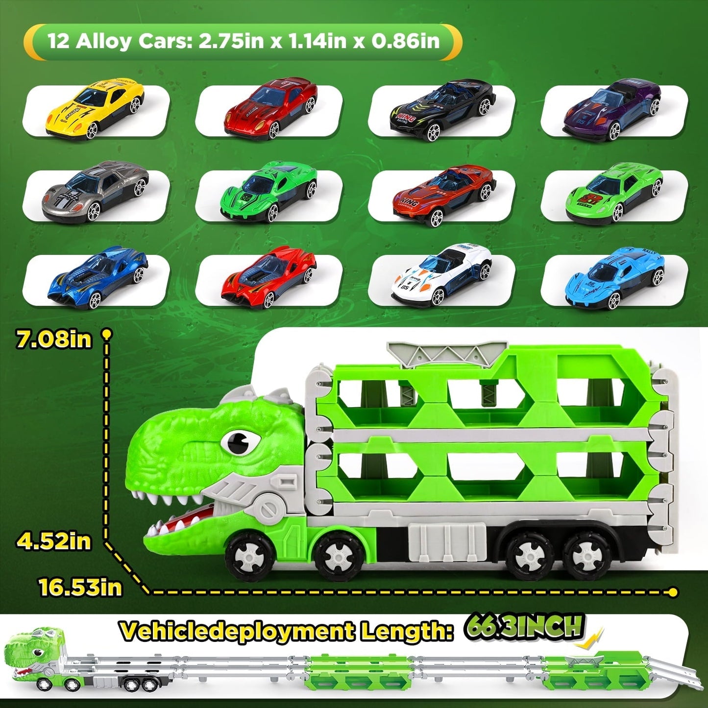 Huge Wave Toy Trucks Cars for Boys, Dinosaur Transport Race Set, with 66-Inch Ejection Track, 12 Die-Cast Metal Cars, Christmas Gifts for Kids for 3-8 Years Old