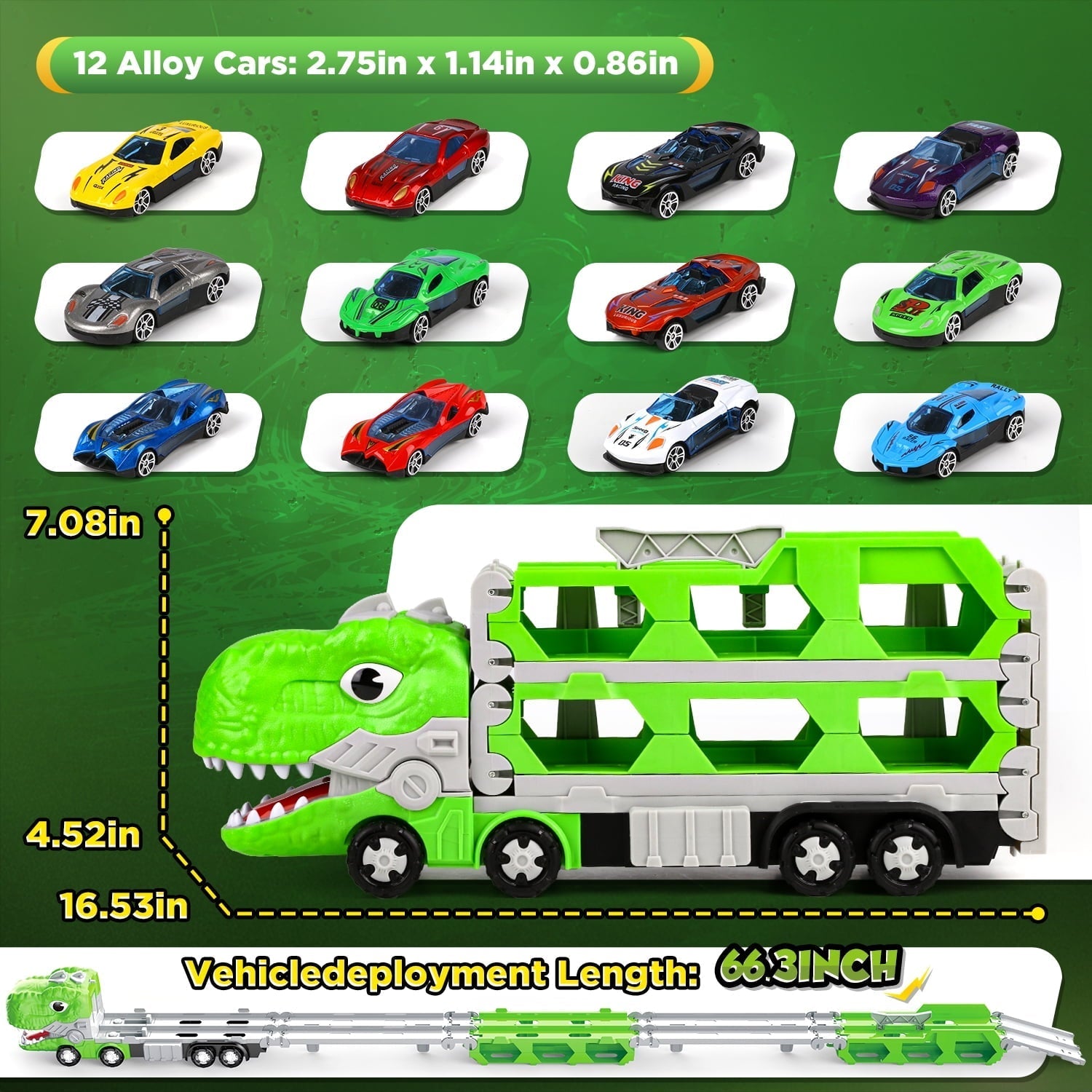 Huge Wave Toy Trucks Cars for Boys, Dinosaur Transport Race Set, with 66-Inch Ejection Track, 12 Die-Cast Metal Cars, Christmas Gifts for Kids for 3-8 Years Old