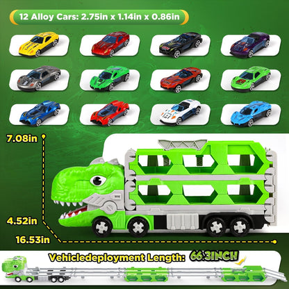 Huge Wave Toy Trucks Cars for Boys, Dinosaur Transport Race Set, with 66-Inch Ejection Track, 12 Die-Cast Metal Cars, Christmas Gifts for Kids for 3-8 Years Old