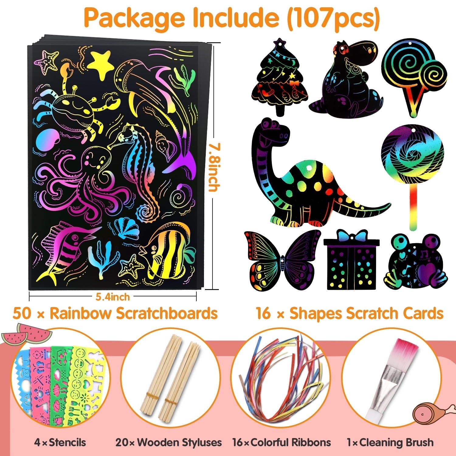 Kibhous Scratch Paper Art for Kids, Rainbow Magic Scratch Art Craft Kit, 107 Piece