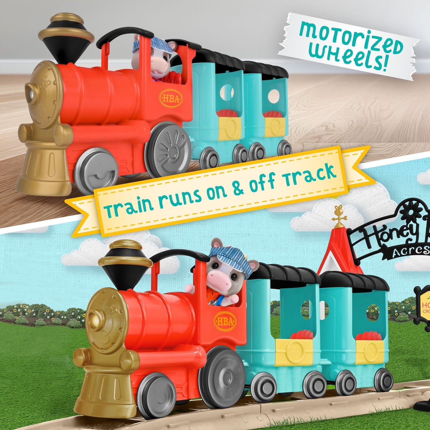 Honey Bee Acres Thistlestop Electric Train Station Set – Motorized Engine, Realistic Lights & Sounds, Poseable Cow Figure, 19 Pieces for Ages 3+