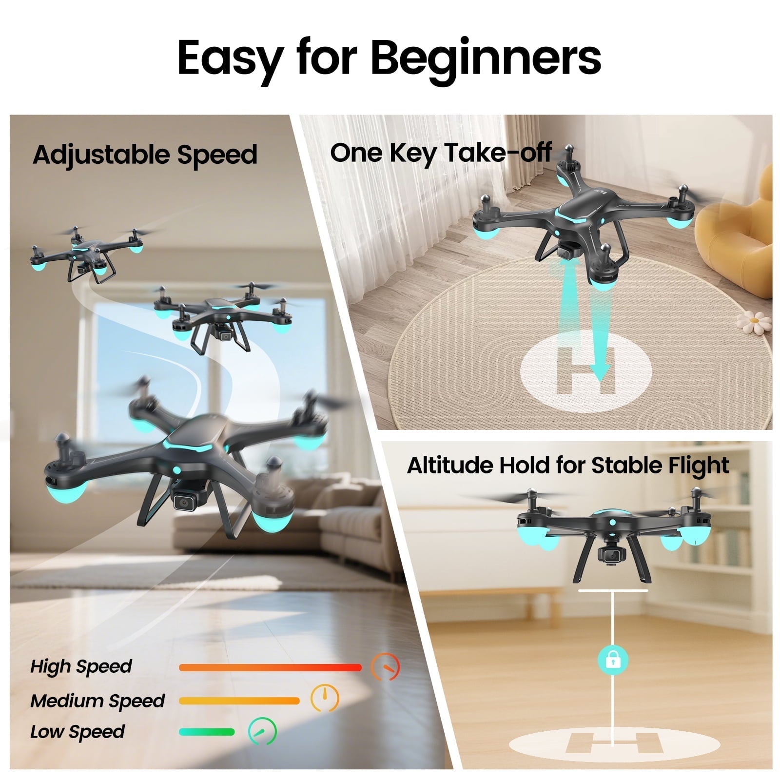 WF13 Drone with 1080P HD Camera for Kids, Optical Flow Hover, Upgraded Wefone Quadcopter, 2 Batteries, Black