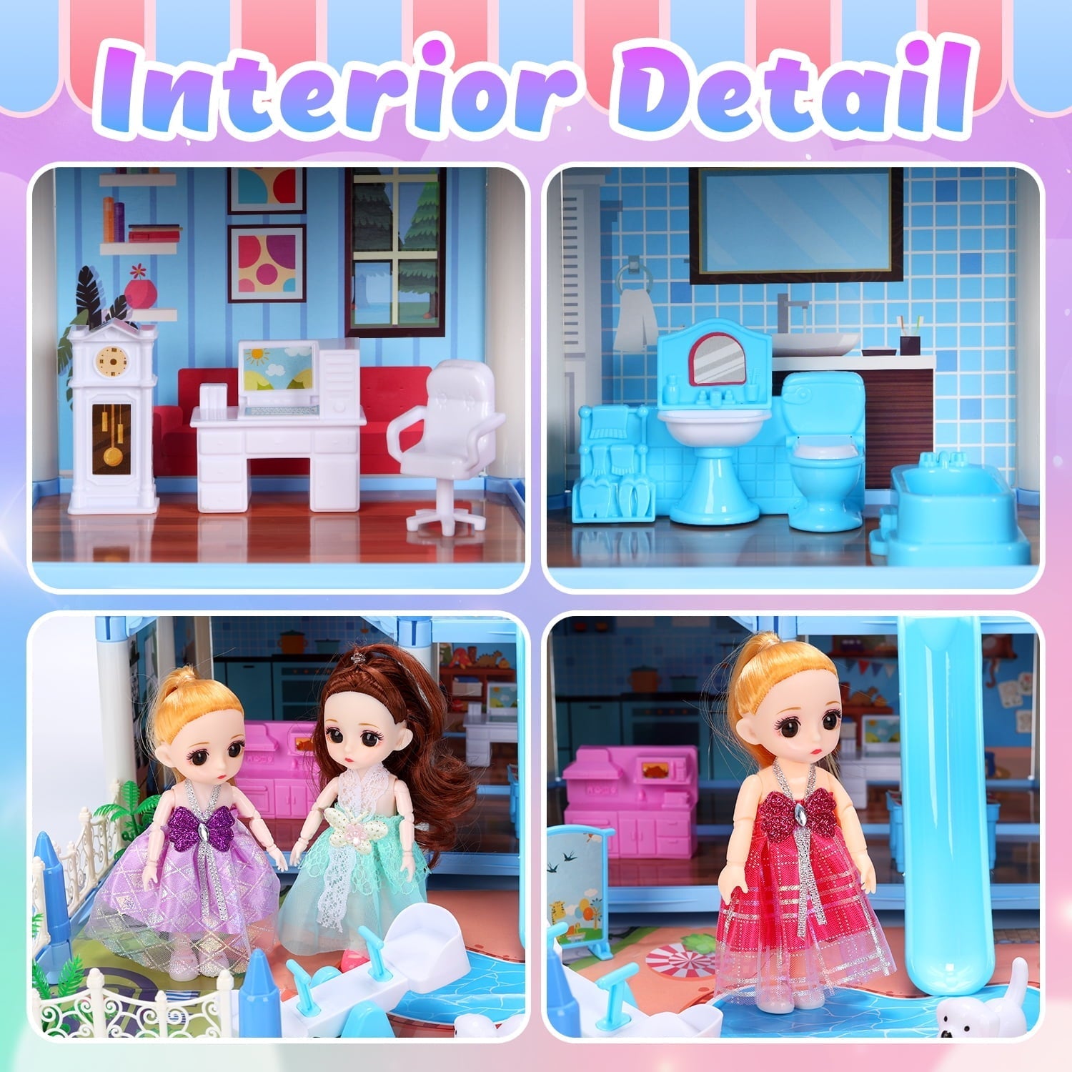 JoyStone Play Dollhouse with Doll Toy Figures, 14 Rooms Furniture and Colorful Lights, Creative Doll House Gift for Girls Ages 3+, Assemble Required, Pink