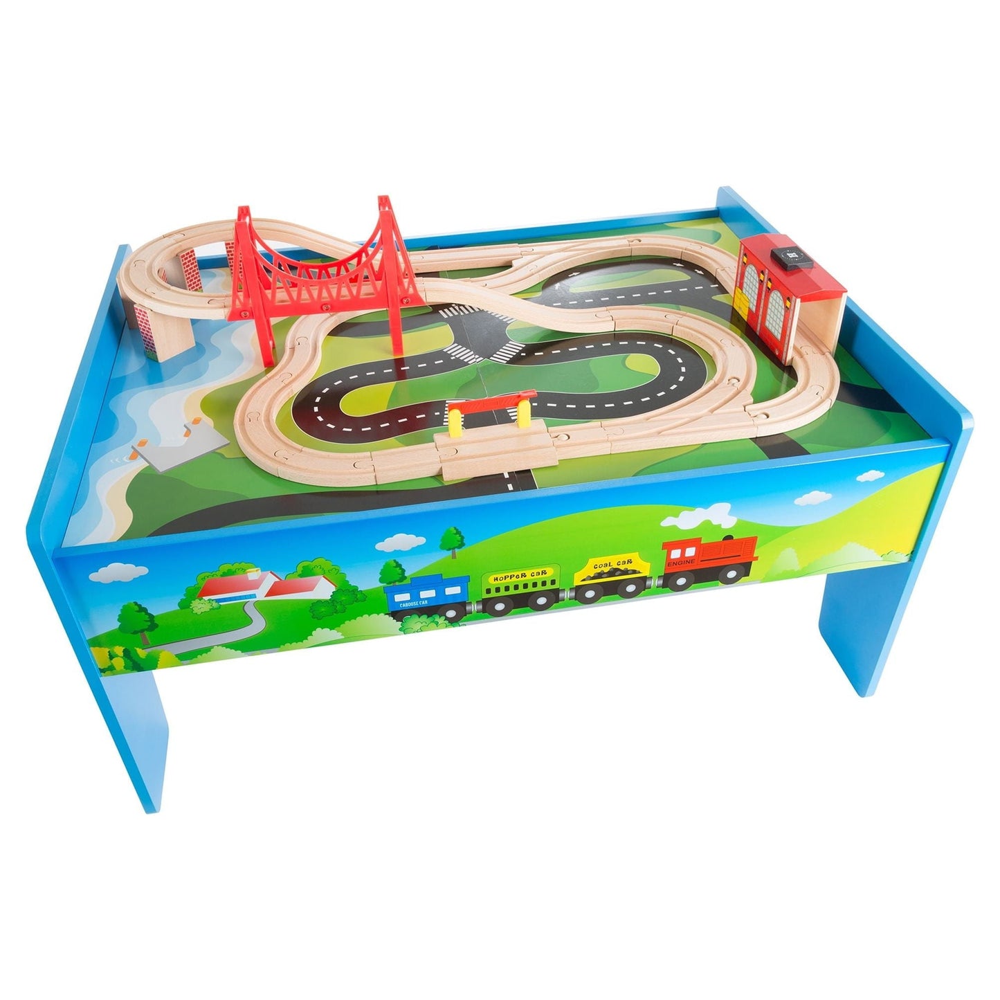 Hey Play 75-Piece Wooden Train Set with Illustrated Toy Storage Play Table