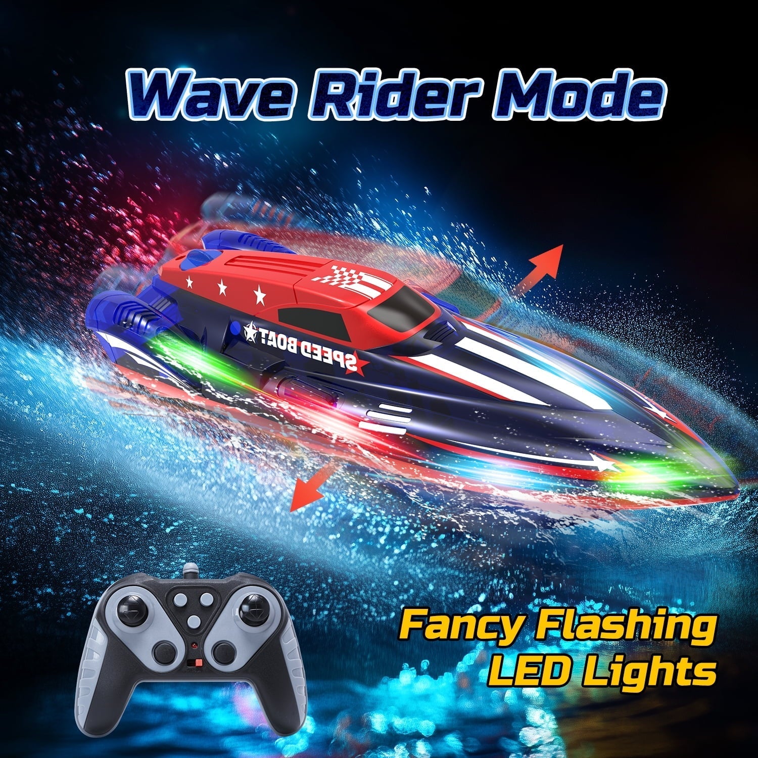 JoyStone RC Boat for Pools and Lakes, 13 Inch Remote Control Boat with LED Lights, 2.4G Racing Boats for Kids & Adults with 2 Rechargeable Battery, Gifts for Boys Girls