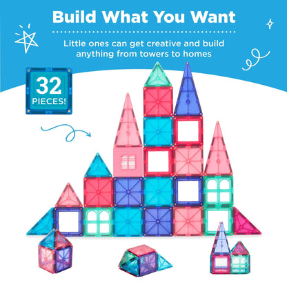 Best Choice Products 32-Piece Kids Magnetic Tiles Set, Educational Building STEM Toy w/ Case - Pink