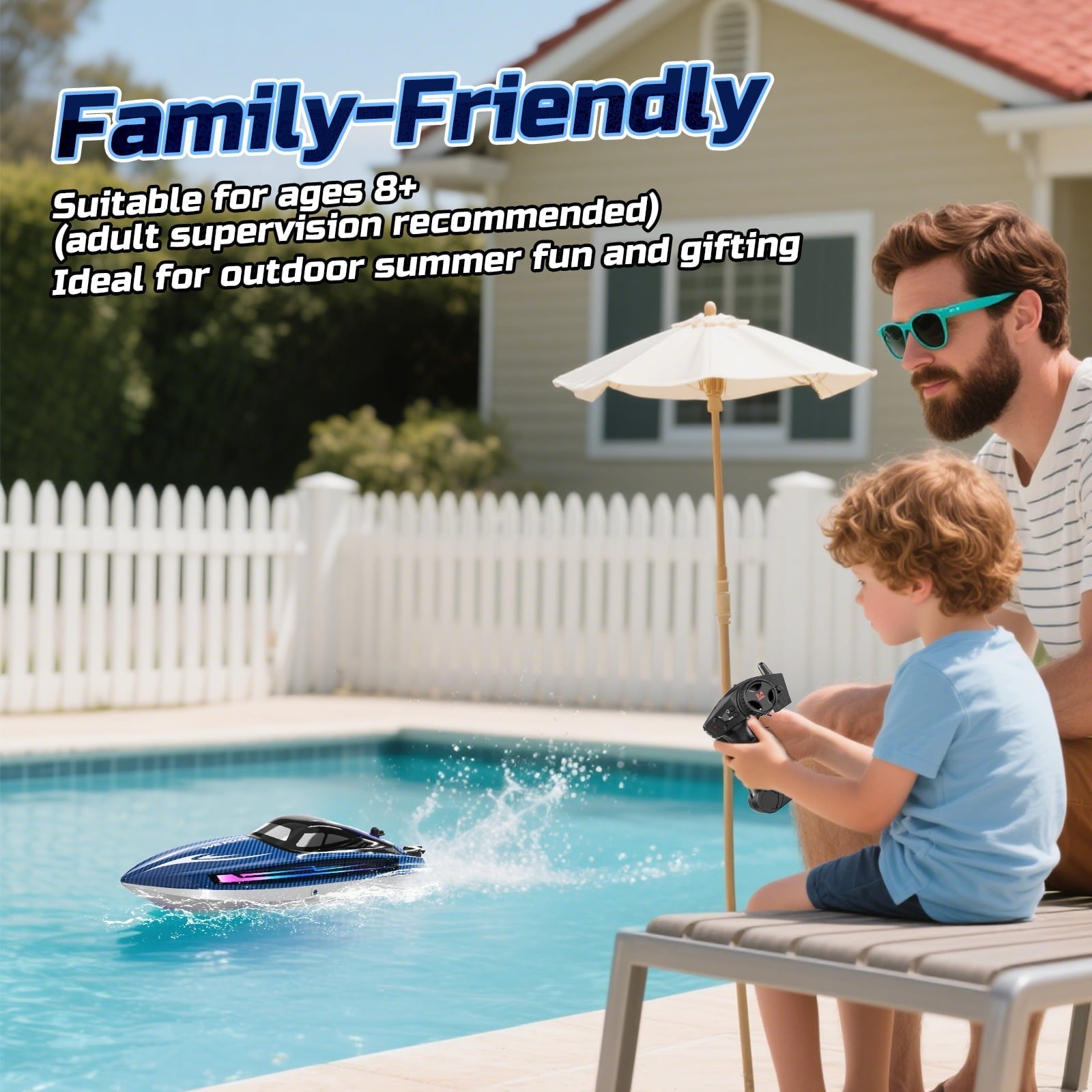 Remote Control Boat for Adults and Kids, WeFone WF17 RC Speed Boat, Summer Toys, 2 Batteries, Blue