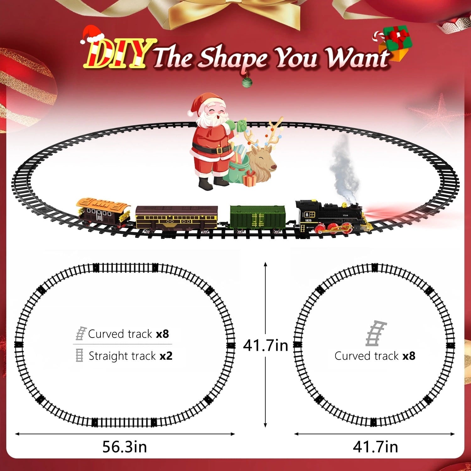 Teblint Train Set Toy with Remote Control, Electric Toy Train with Smoke, Lights & Sound, Rechargeable Steam Locomotive Engine Train Toy for 3 4 5 6 7 8+ Years Old Kids, Christmas Birthday Gift