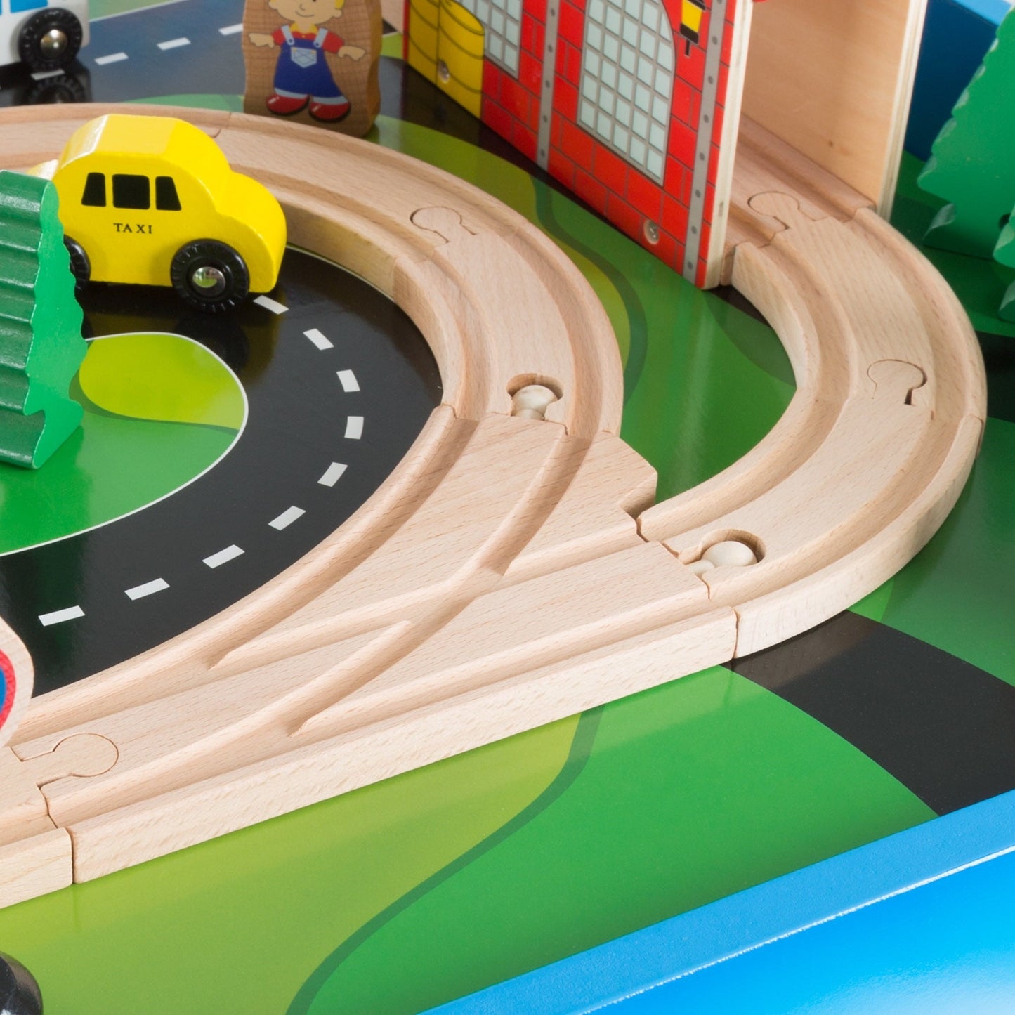 Hey Play 75-Piece Wooden Train Set with Illustrated Toy Storage Play Table