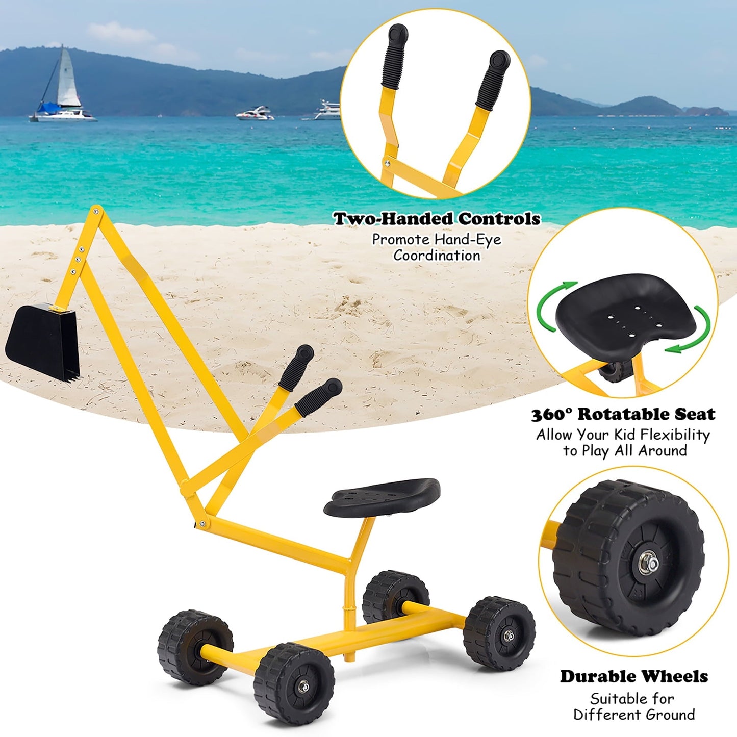 Costway Heavy Duty Kid Ride-on Sand Digger Digging Scooper Excavator for Sand Toy Yellow