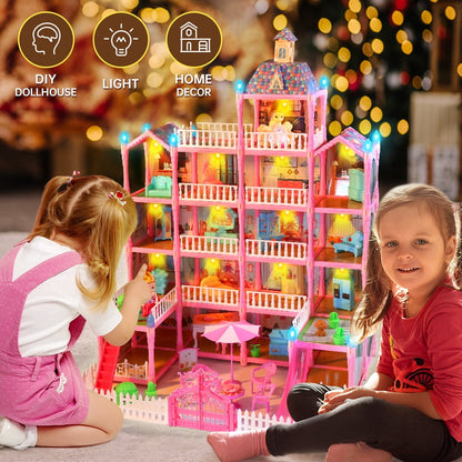 JoyStone Doll House for Girls, 5-Story 19 Rooms Huge Dollhouse Playset with LED Lights, 2 Dolls, Furnitures, Accessories, DIY Pretend Play House Toys Gifts for Kids, Pink