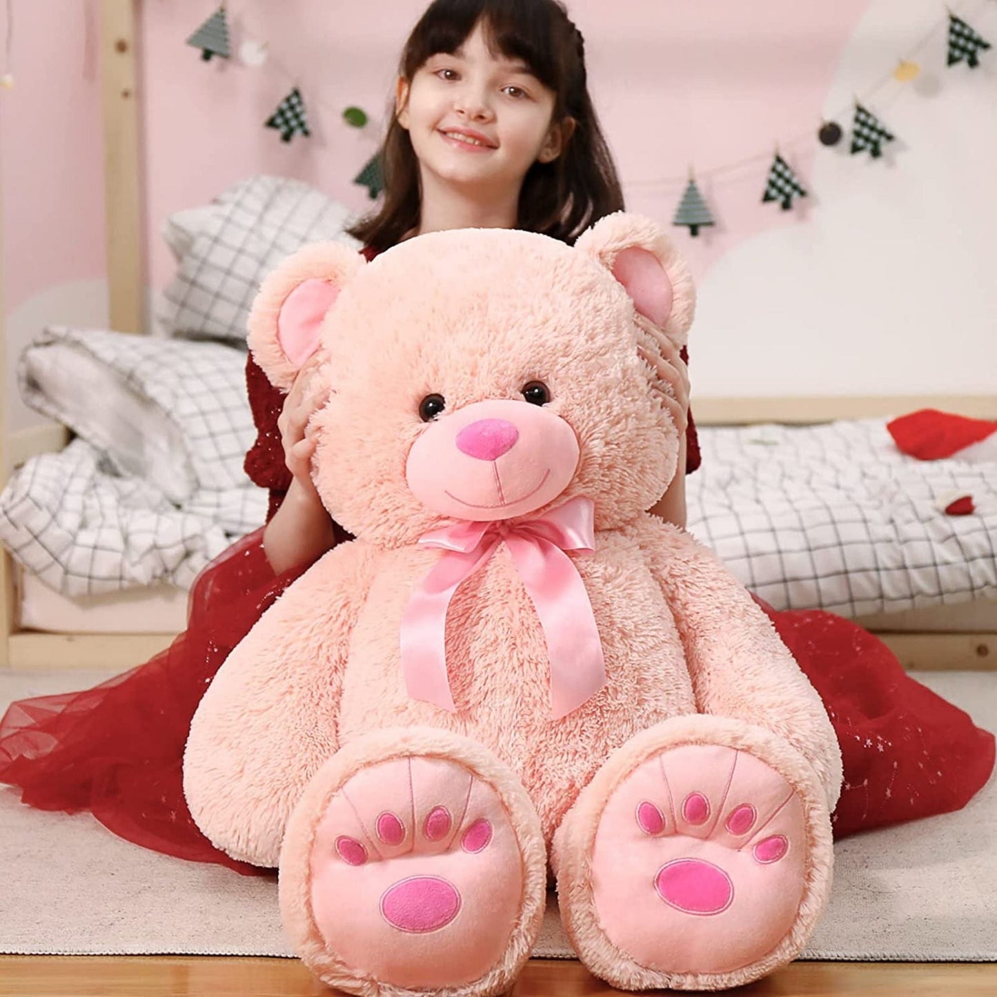 MorisMos Pink Giant Teddy Bear 35.4" Stuffed Animal Soft Big Plush Toy with Bowknot and Footprint