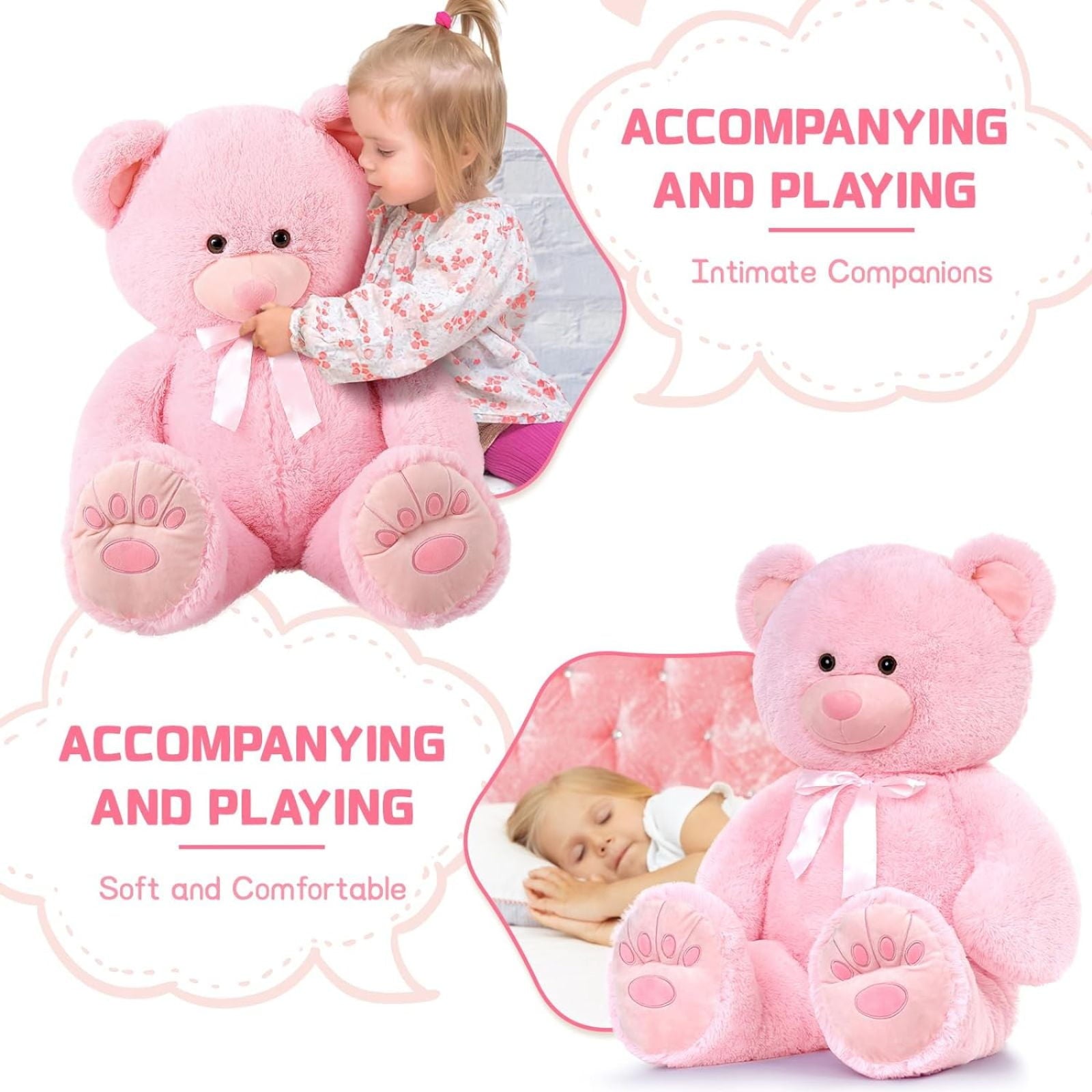 MorisMos Pink Giant Teddy Bear 35.4" Stuffed Animal Soft Big Plush Toy with Bowknot and Footprint