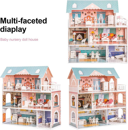Robud Lady Wooden Dollhouse,3 Story with Balcony,28 Accessories Toy Gift for 3+Years Kid Girls