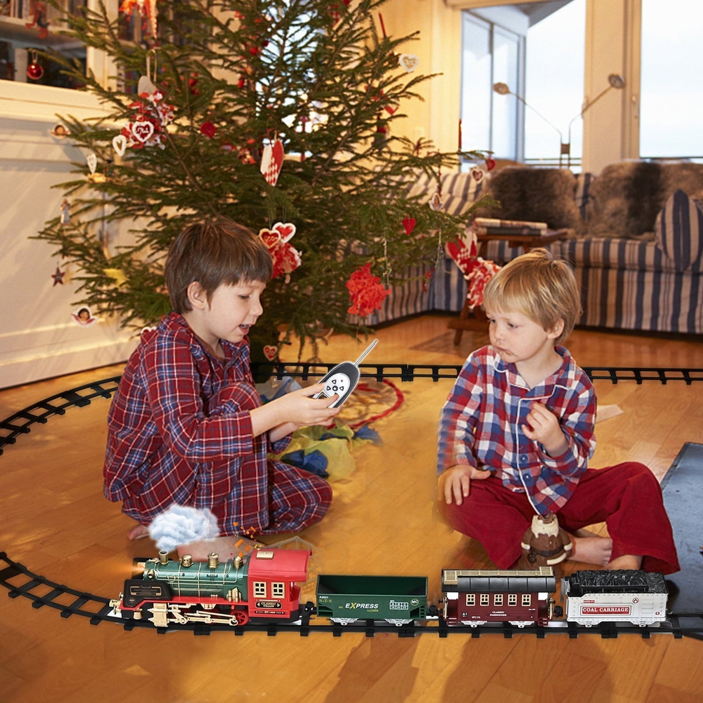 Train Set Toy, Remote RC Train Set Locomotive Rechargeable W/ Smoke, Lights, Sounds Railway for Boys Girls Age 3 4 5 6 + Kids