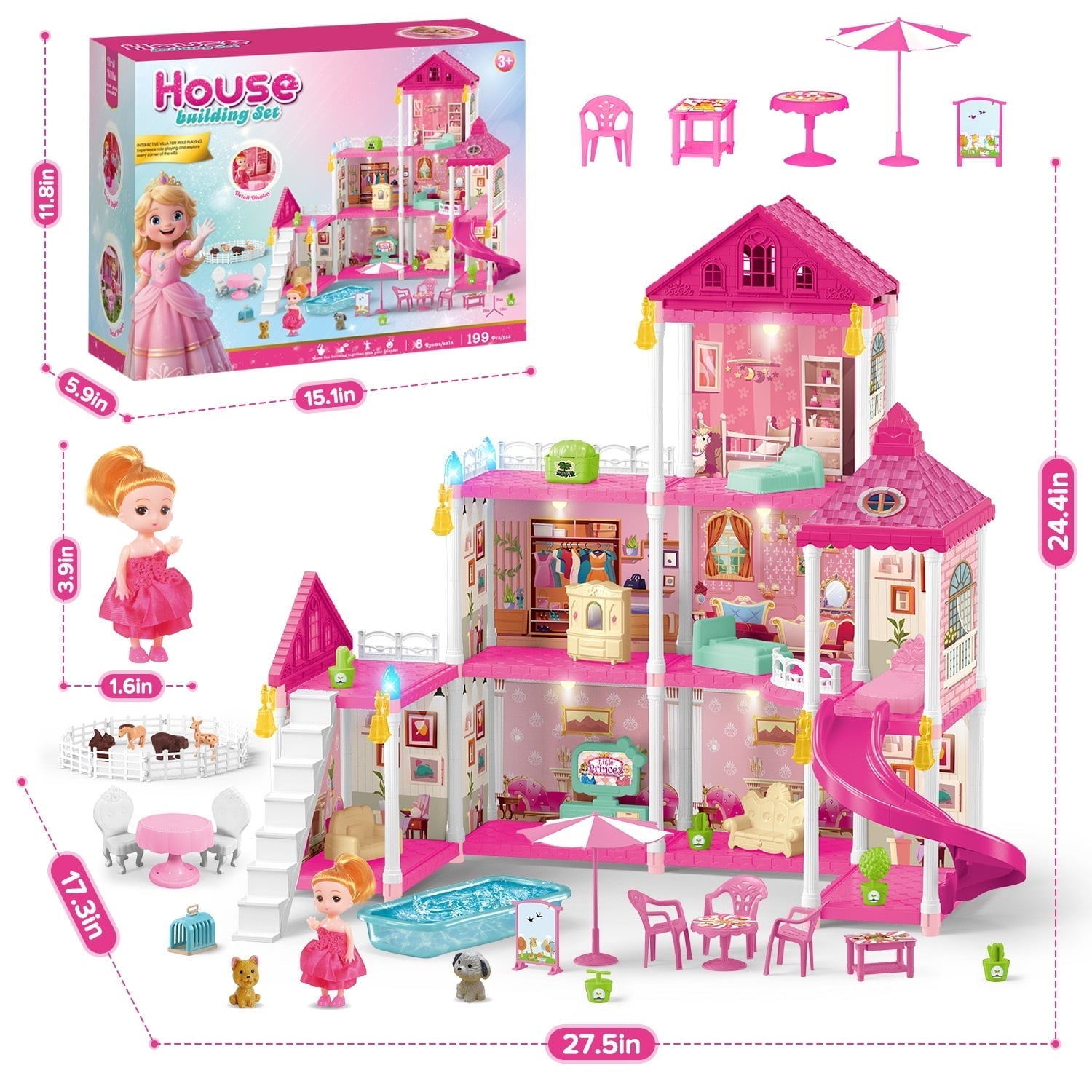 HopeRock Dollhouse Kit for Girls, 218PCS Building Toys for Girls Ages 3-6 Years, Birthday Christmas Pretend Play Gift for Little Girl.