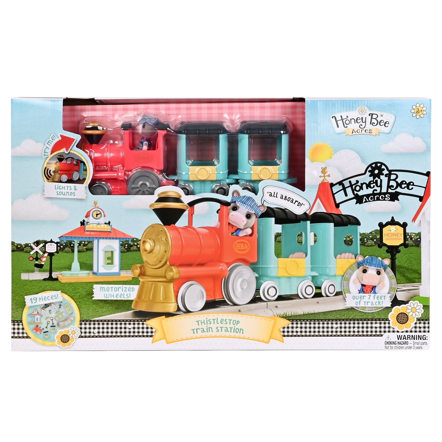 Honey Bee Acres Thistlestop Electric Train Station Set – Motorized Engine, Realistic Lights & Sounds, Poseable Cow Figure, 19 Pieces for Ages 3+