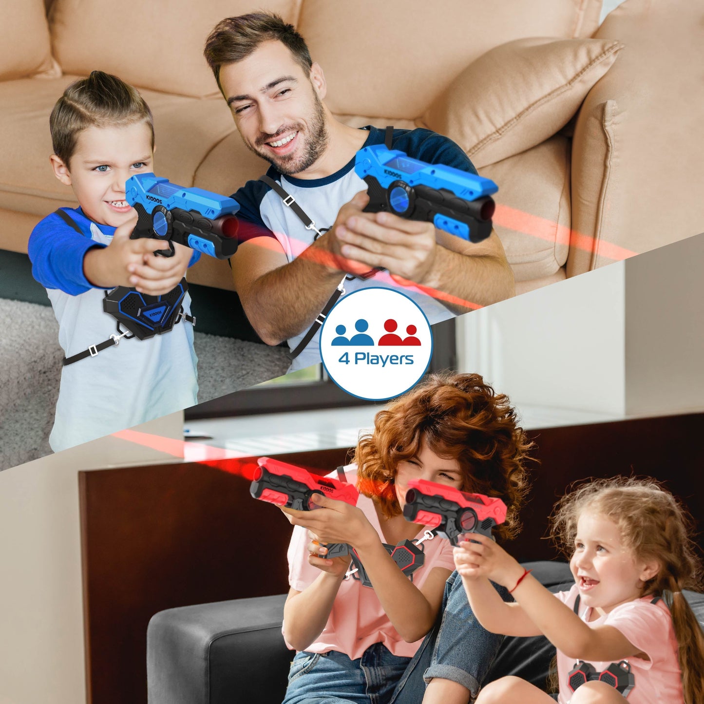 Kiddos Laser Tag Blasters Set, Battery Powered Laser Tag Guns and Chest Plates, Blue & Red, Set of 4