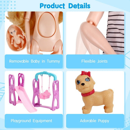 6 People Family Dolls Set with Pregnant Mom Dad 3 Kids Baby Boy in Mommy's Tummy, Toddler Kids Toy Gift Dolls of Happy Family Doll Members Parents & Children with Slide Dog