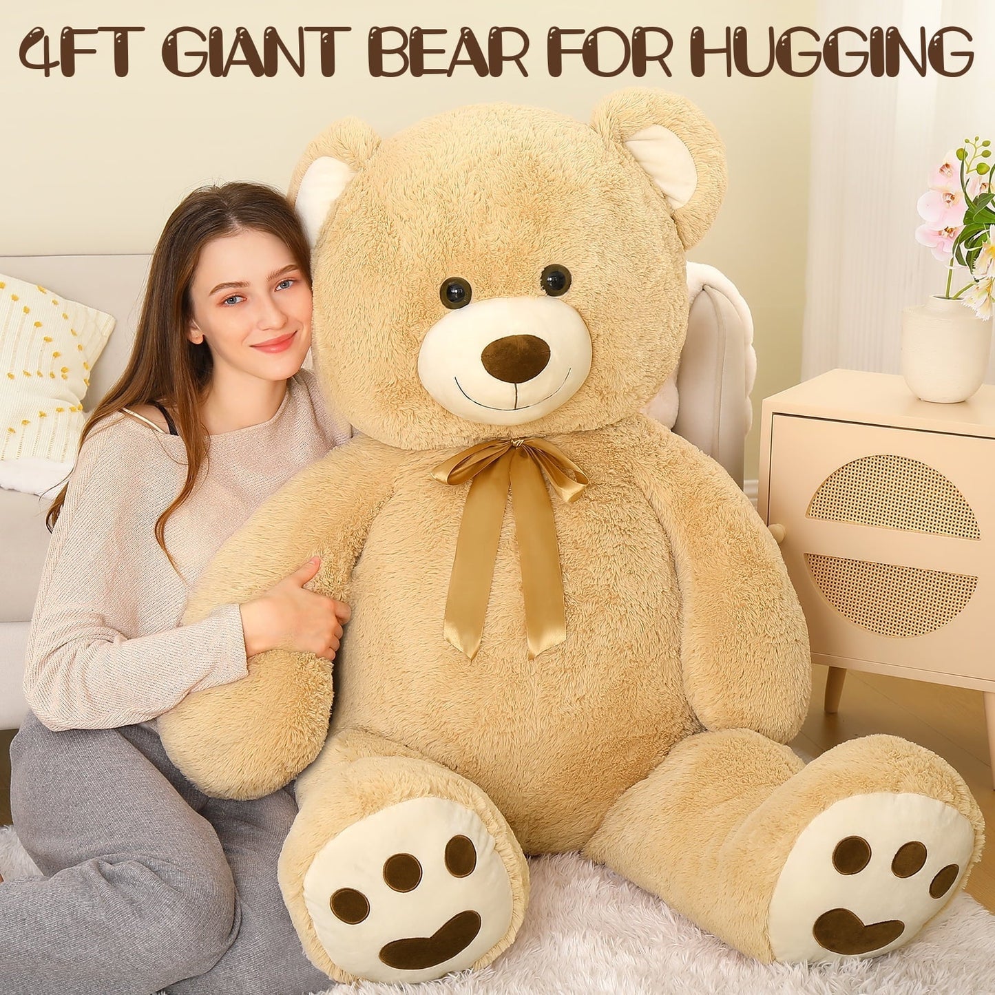 MorisMos Pink Giant Teddy Bear 35.4" Stuffed Animal Soft Big Plush Toy with Bowknot and Footprint