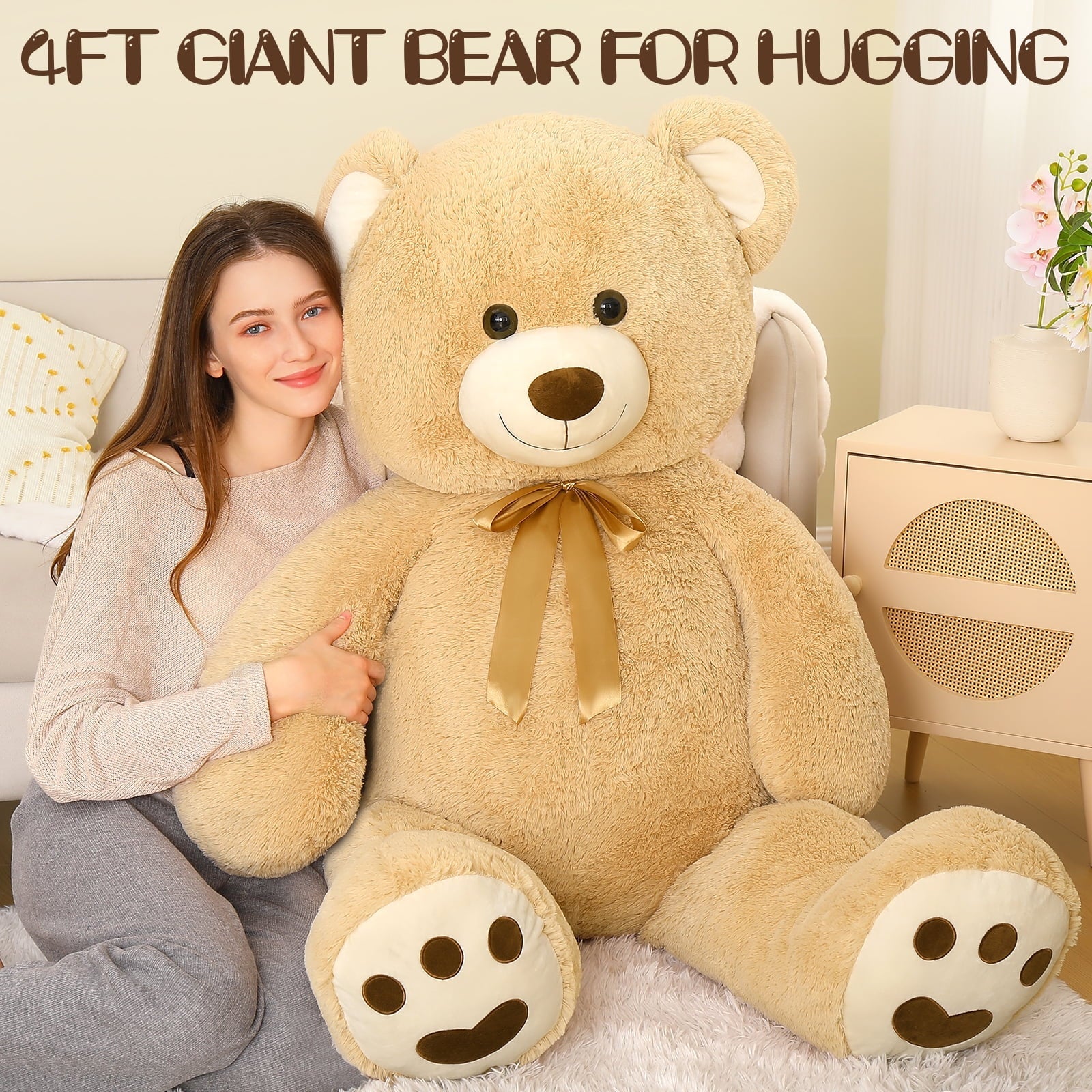 MorisMos Pink Giant Teddy Bear 35.4" Stuffed Animal Soft Big Plush Toy with Bowknot and Footprint