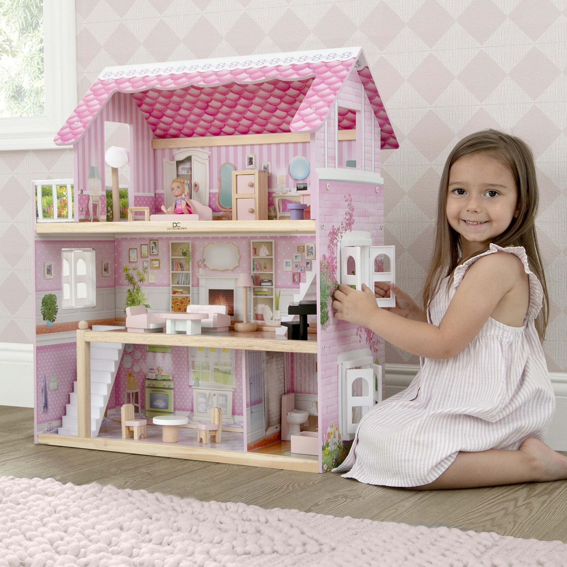 Delta Children Little Gem Dollhouse - Wooden 3-Story Dollhouse with 4 Rooms - Includes 16 Accessories - Fits 5-inch Dolls - Pretend Play Dream Gift for Ages 3+