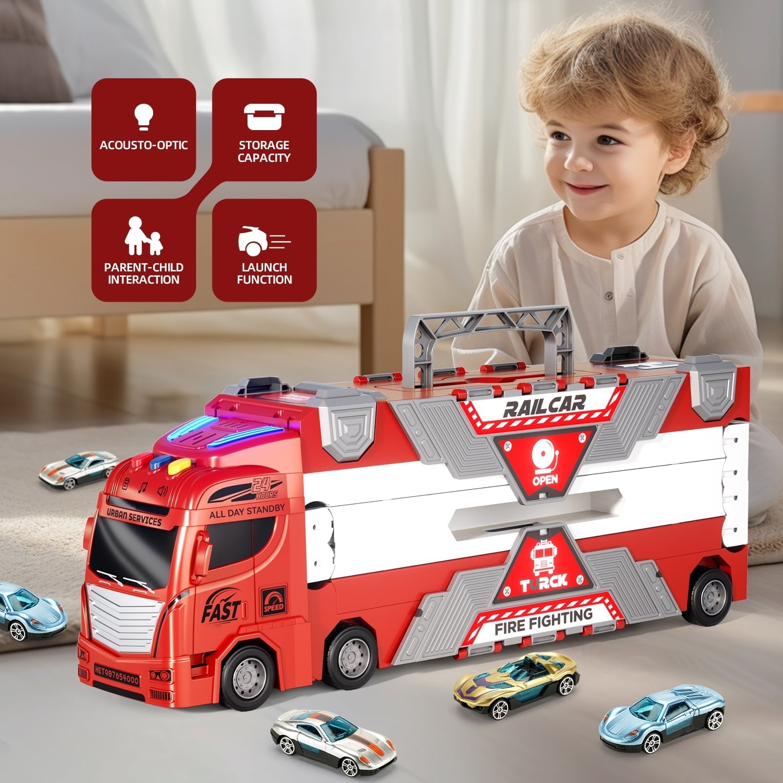 Jiakora Fire Engine Transport Truck Car Toy for Kids, 3-in-1 Ejection Folding Track Toys, Portable Truck with 20 Race Cars, Best Gift for Boys Girls Kids
