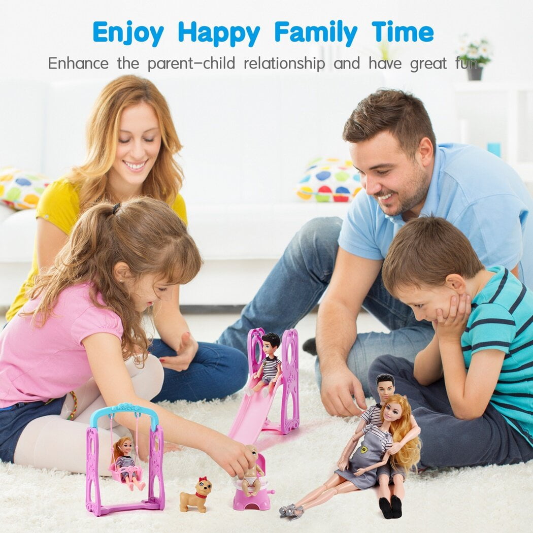 6 People Family Dolls Set with Pregnant Mom Dad 3 Kids Baby Boy in Mommy's Tummy, Toddler Kids Toy Gift Dolls of Happy Family Doll Members Parents & Children with Slide Dog