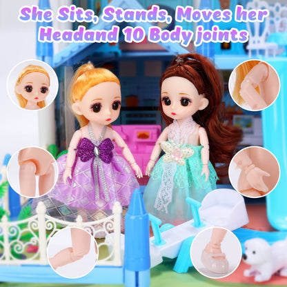 JoyStone Play Dollhouse with Doll Toy Figures, 14 Rooms Furniture and Colorful Lights, Creative Doll House Gift for Girls Ages 3+, Assemble Required, Pink