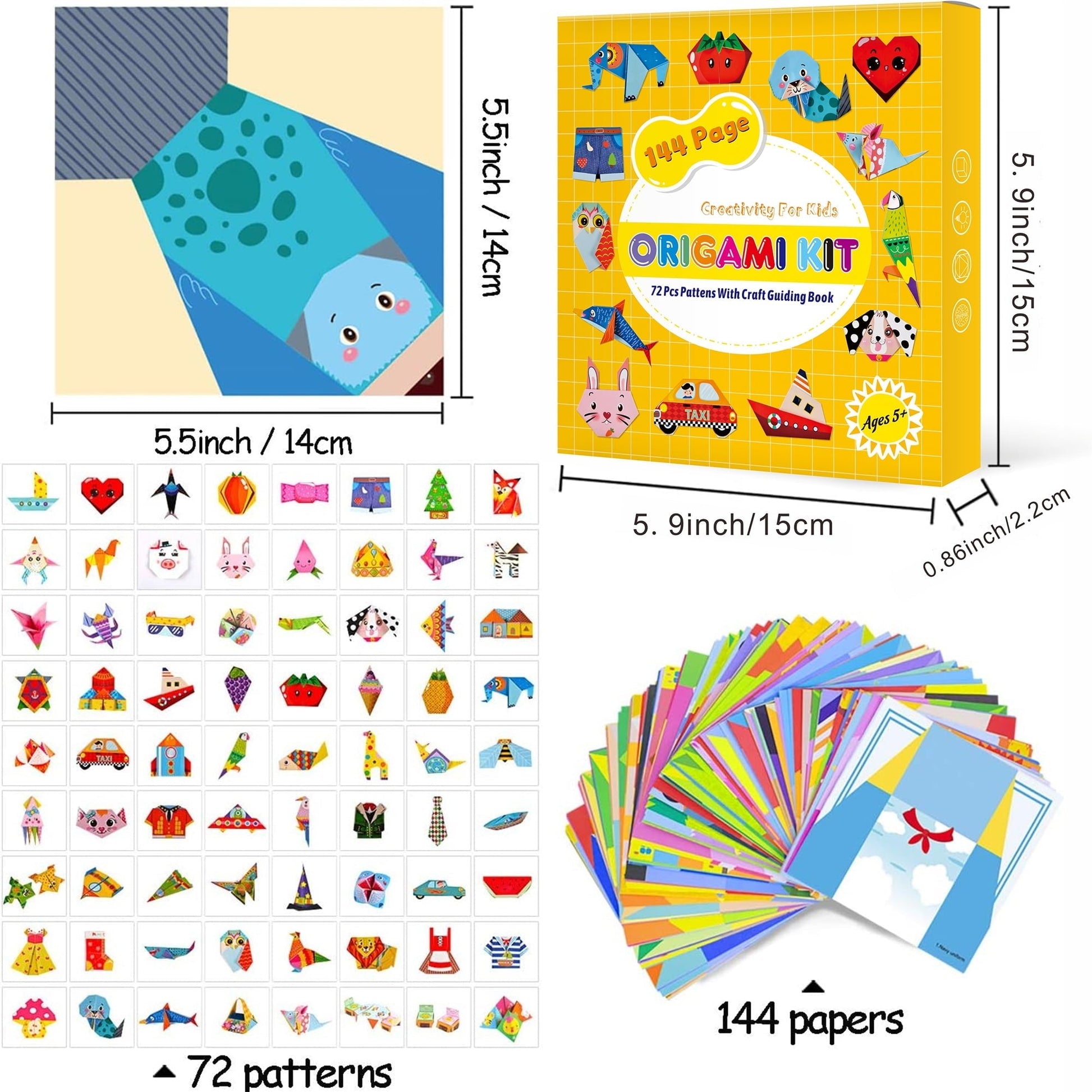 Origami Kit 144 Sheets, Origami Paper Kit for Kids 72 Patterns with Craft Guiding Book, Vivid Colorful Folding Papers ,Easy DIY Art and Craft Projects, Kids Children's Day Gift