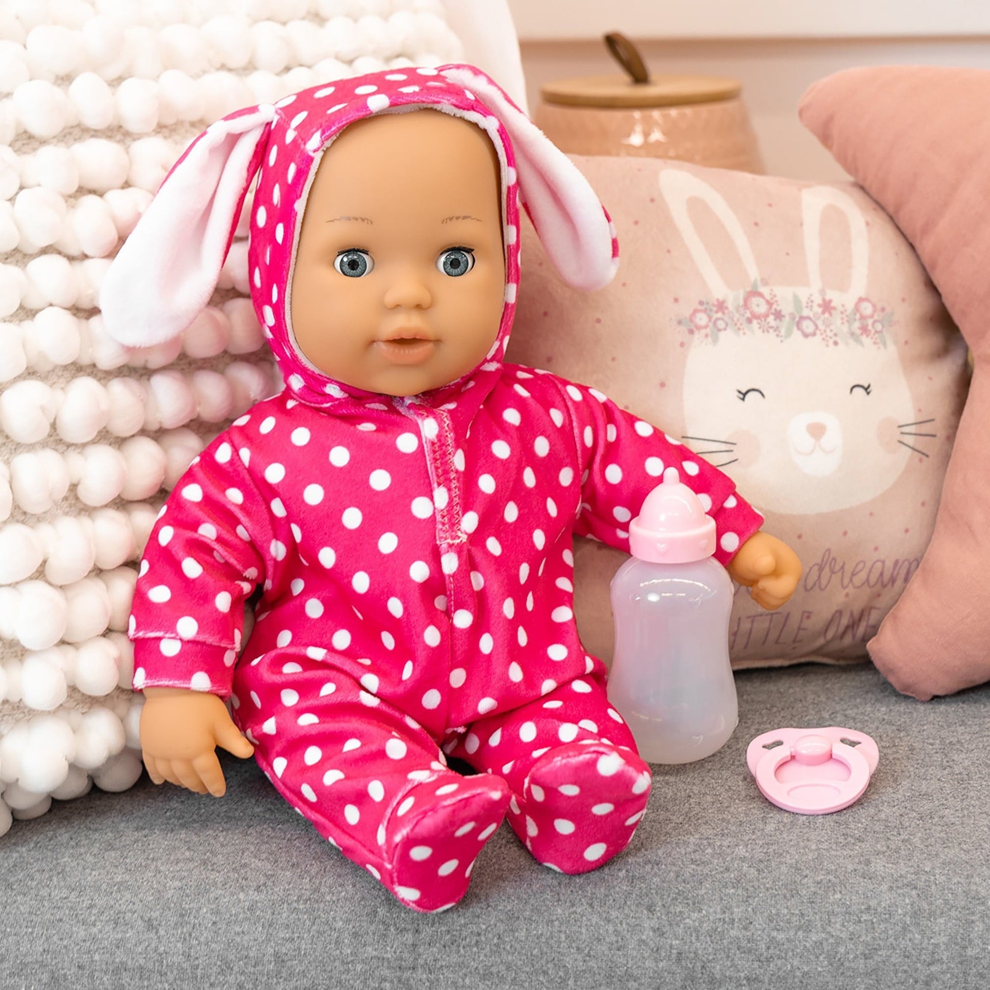 Anna First Words 15" Baby Doll in Bunny Pink & White Polka Dot Onesie