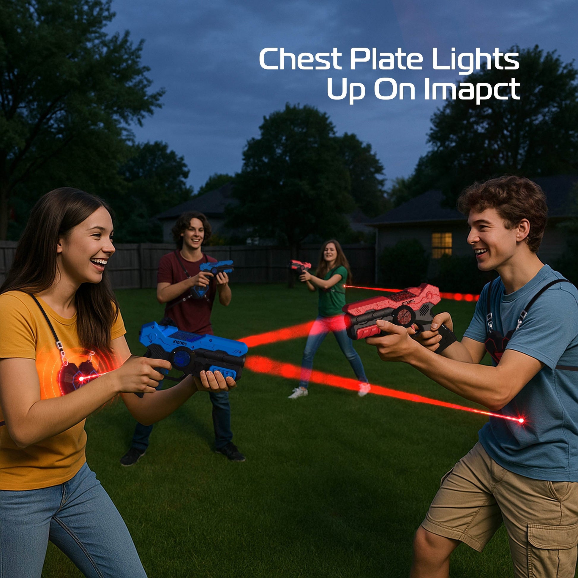 Kiddos Laser Tag Blasters Set, Battery Powered Laser Tag Guns and Chest Plates, Blue & Red, Set of 4