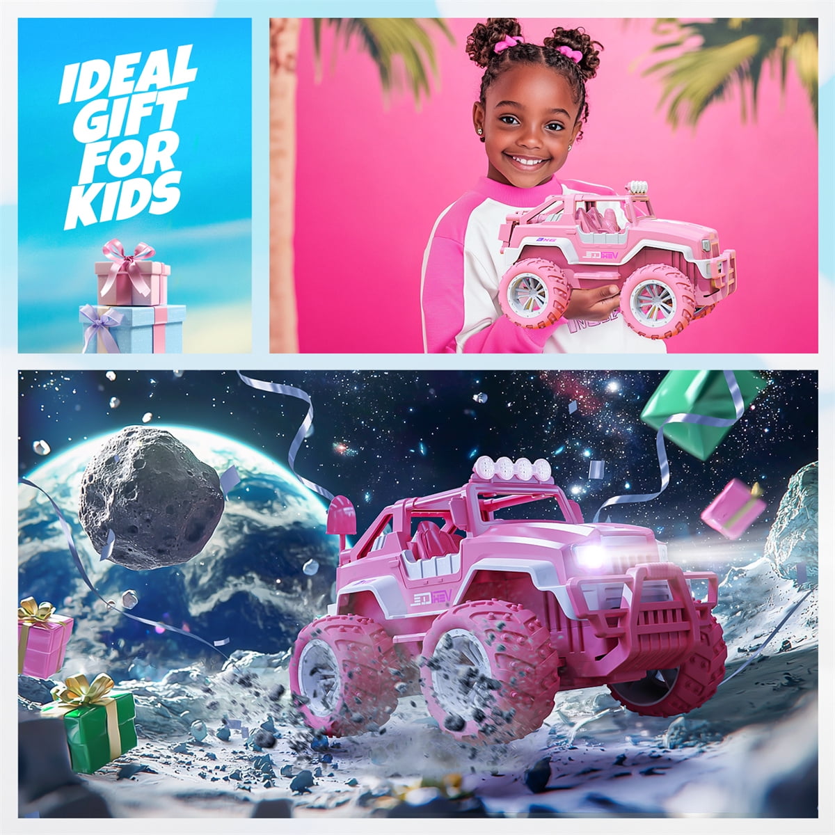 YCFUN Remote Control Car for Girls, 1:16 Pink RC Jeep Car with Lights, 2 Dolls, 4 Windmills & 2 Rechargeable Batteries, RC Truck Gifts for Kids