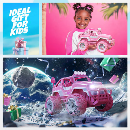 YCFUN Remote Control Car for Girls, 1:16 Pink RC Jeep Car with Lights, 2 Dolls, 4 Windmills & 2 Rechargeable Batteries, RC Truck Gifts for Kids