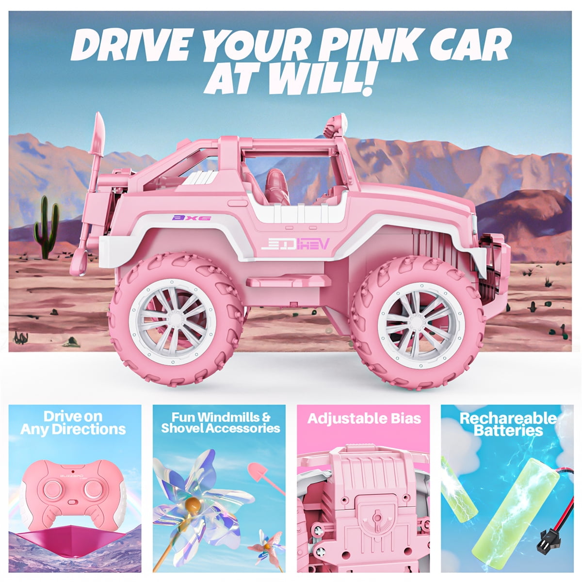 YCFUN Remote Control Car for Girls, 1:16 Pink RC Jeep Car with Lights, 2 Dolls, 4 Windmills & 2 Rechargeable Batteries, RC Truck Gifts for Kids
