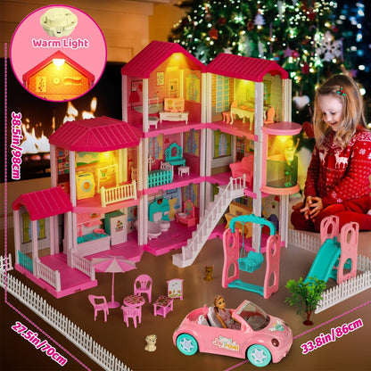 Freecat 38.5" Dollhouse for Girl, 9 Room, 2 Dolls, Elevator, Car& Furniture Accessories, Toy for Girl 3 4 5 6 7 8+ Year Old Kids, Girls Christmas Toy Gifts.(Pink)