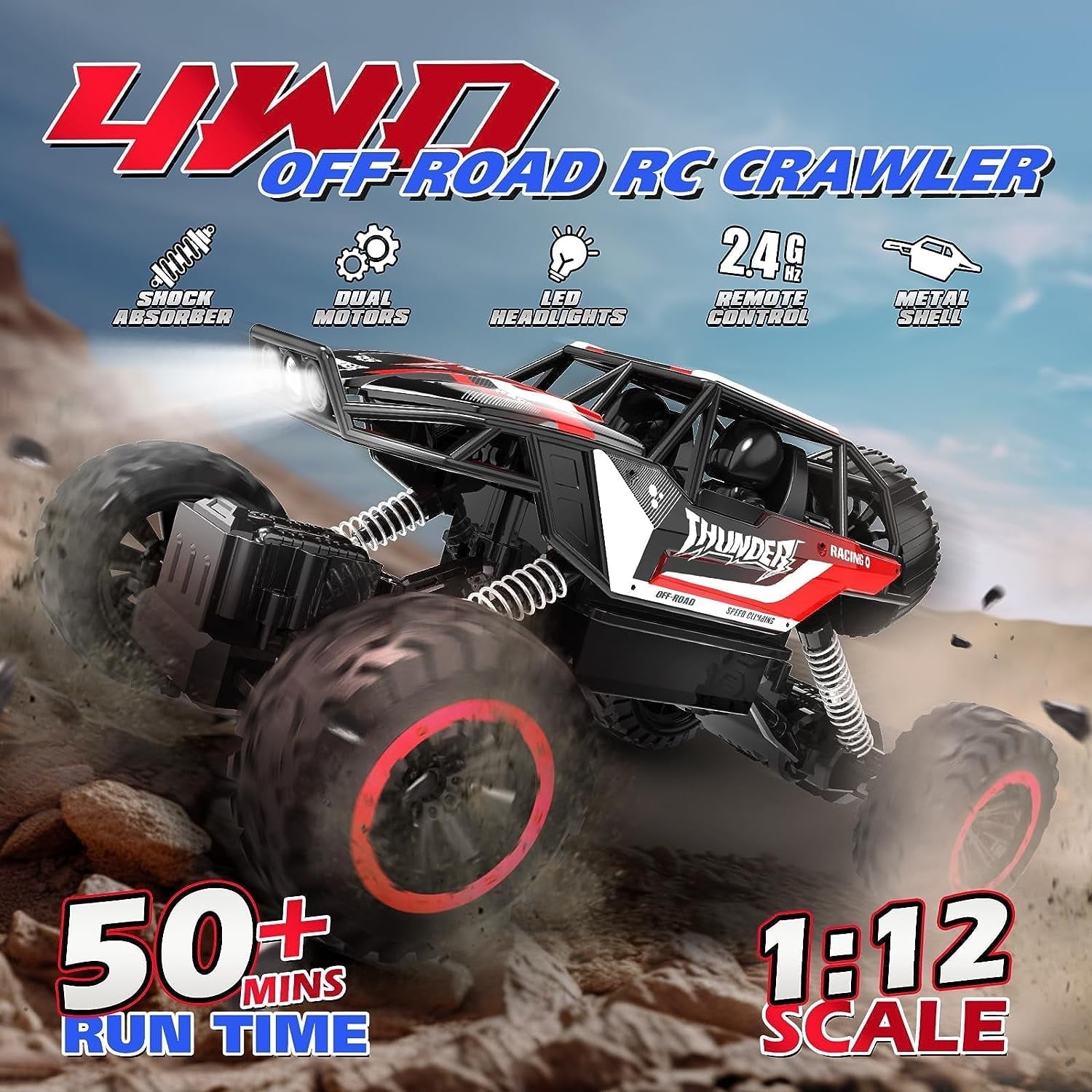 JoyStone 1:12 RC Cars 4WD off Road 2.4Ghz RC Monster Truck with Metal Shell and Light, Remote Control Car Crawler for Adult and Kid, 2 Batteries, Red