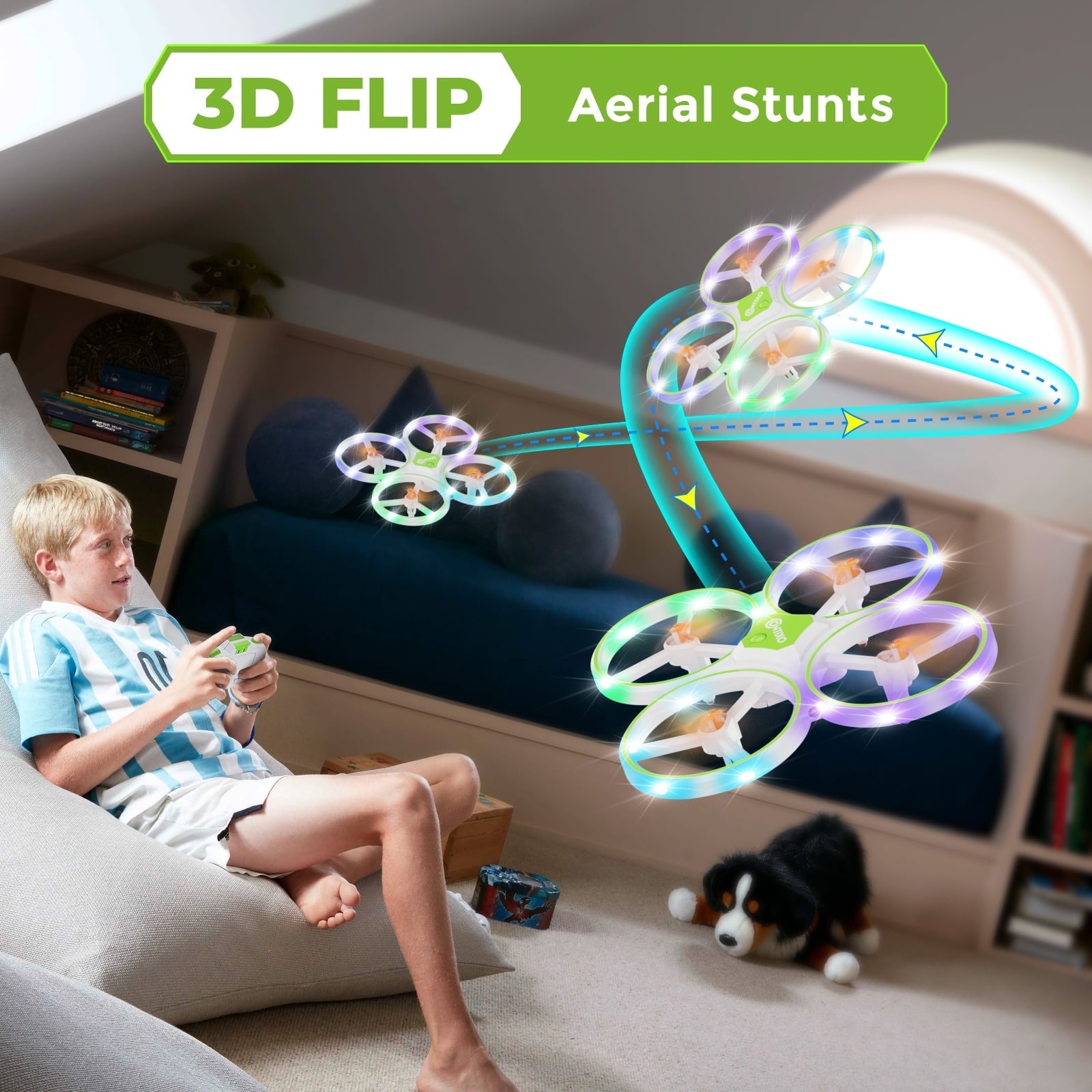 Contixo Dragonfly Mini Drone for Kids, Auto Takeoff, Altitude Hold, 360° Stunts, LED Lights, 16-Min Flight - Green