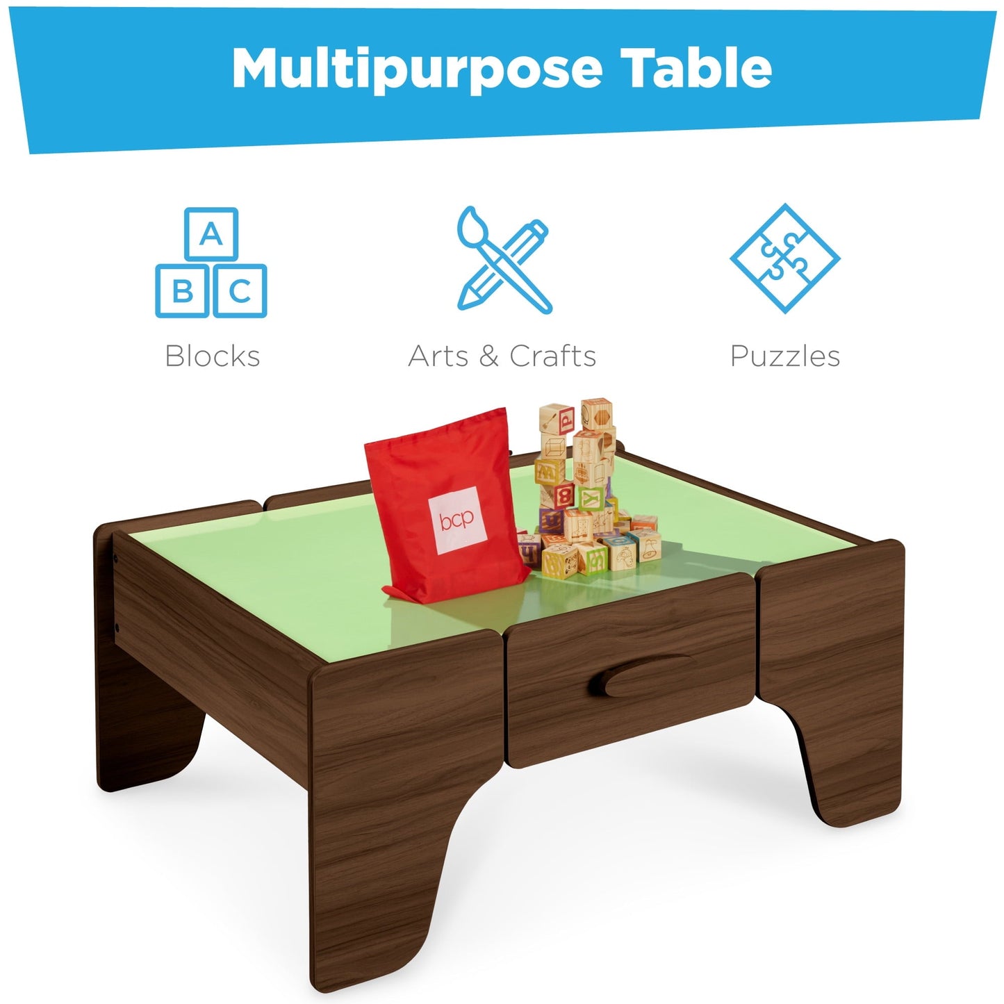 Best Choice Products Wooden Train Set Table for kids, 56pc Multi-Activity Table for Kids w/Toy Storage Drawer & Reversible Top - Walnut