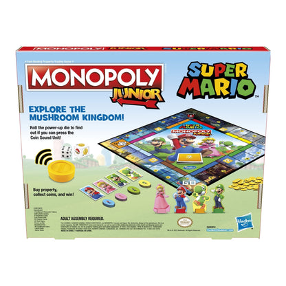 Monopoly Junior Super Mario Edition Board Game, Fun Kids' Ages 5 and Up, Explore The Mushroom Kingdom as Mario, Peach, Yoshi, or Luigi ( Exclusive)