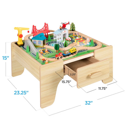 Best Choice Products Wooden Train Set Table for kids, 56pc Multi-Activity Table for Kids w/Toy Storage Drawer & Reversible Top - Natural