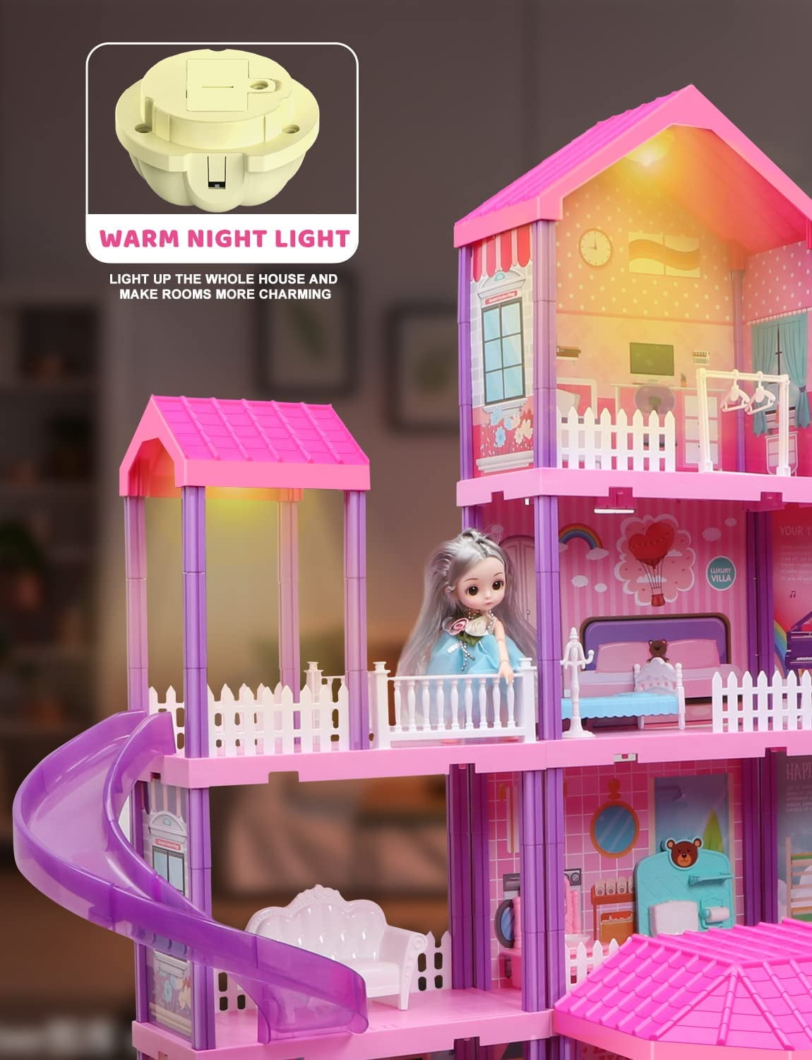 Hot Bee 36 inch Dollhouse Playset Girl Toys, 11 Rooms with Doll Toy Figures Toddler Playhouse Christmas Birthday Gifts for 3 4 5 6 7 Year Old Girls