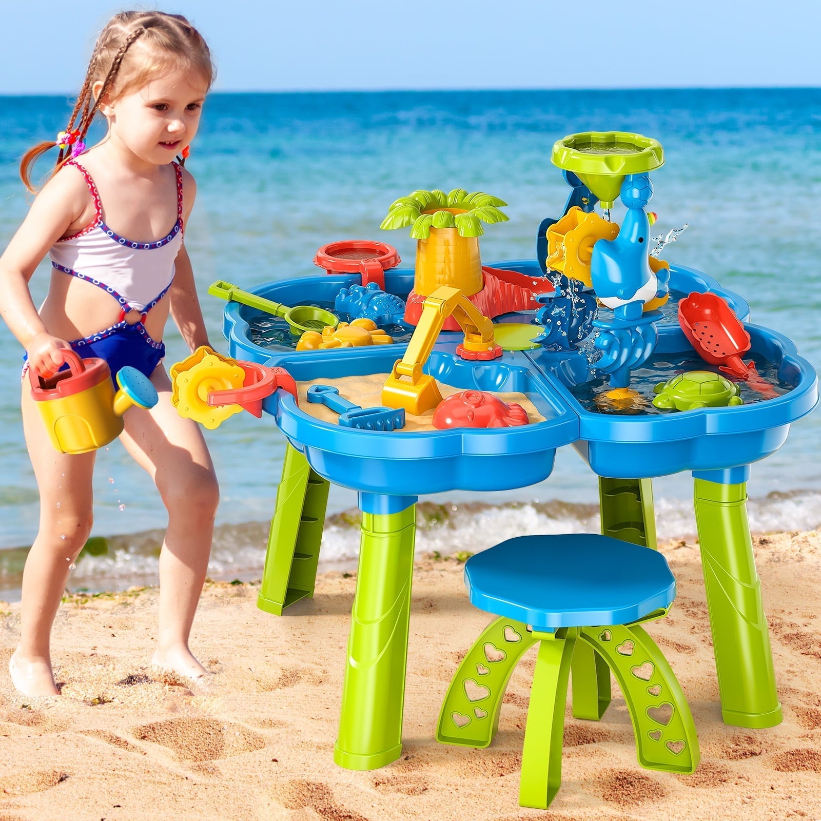 Dinosaur Planet Sand Water Table for Toddlers, 4 in 1 Sand Table and Water Play Table, Kids Table Activity Sensory Play Table Beach Sand Water Toy for Outdoor Backyard for Toddlers Age 2-4 Gift