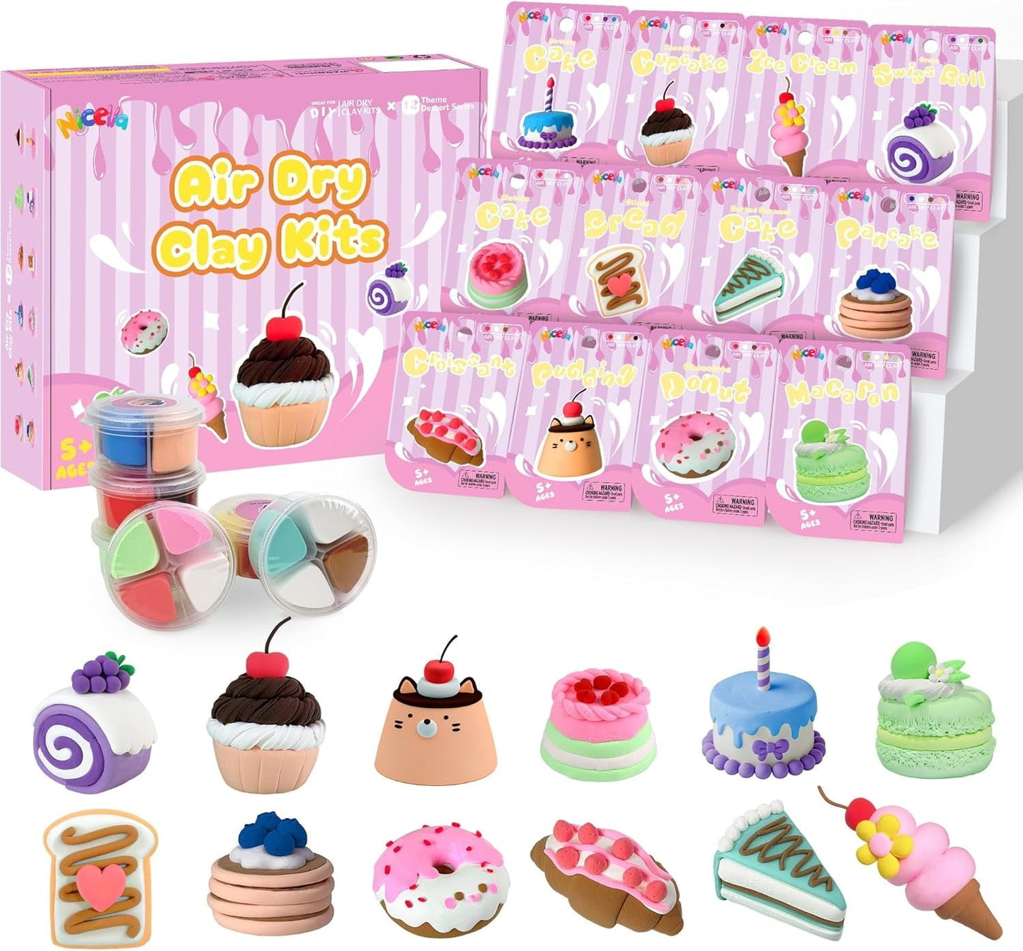 Nicella Air Dry Clay for Kids-12 Cake Modeling Clay , Molding Clay with Sculpting Tools & Tutorials, Ultra Light & Safe, DIY Arts and Crafts Gift for Girls Boys Ages 3+