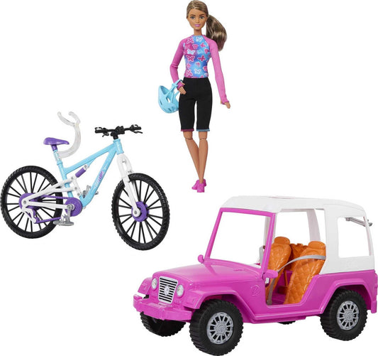 Barbie Doll, Mountain Bike, Barbie Car Bundle with Pink Jeep [Walmart Exclusive]